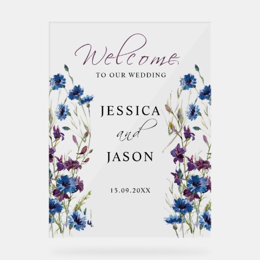 Dusty Royal Blue Purple Bloom Mariage Bienvenue (Recto)