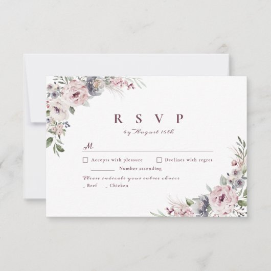 Dusty roze boho floral rustige bruiloft RSVP kaartje (Voorkant)