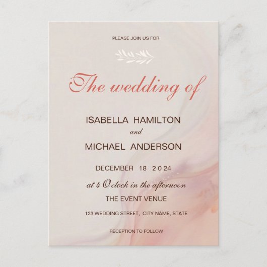 Dusty Roze Marmeren Script Kalligrafie Witte Tak Uitnodiging Briefkaart (Voorkant)