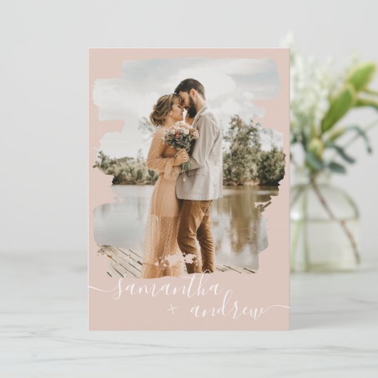Dusty roze pushlijnscript 2 foto's bruiloft kaart (Staand voorkant)