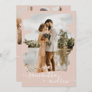 Dusty roze pushlijnscript 2 foto's bruiloft kaart