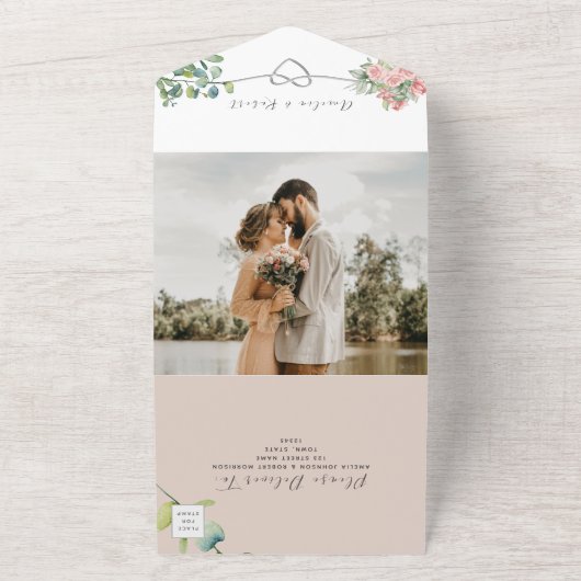 Dusty Roze Rose Bloemen Bruiloft All In One Uitnodiging (Buitenkant)