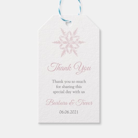 Dusty roze sneeuwvlokken winter bruiloft dank u cadeaulabel (Voorkant)