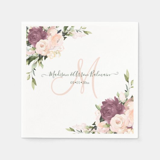 Dusty Rozen Monogram Floral Waterverf Servet (Voorkant)