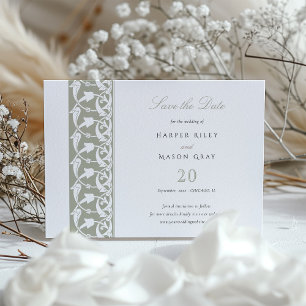 Dusty Sage Green Bewaar de Datum Konijn Scrollwork Kaart