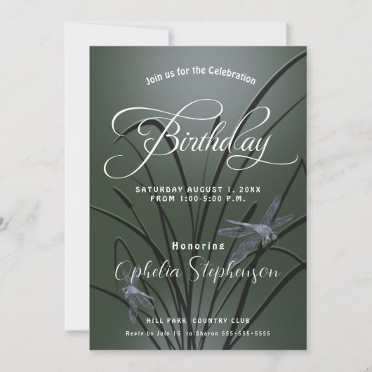 Dusty Sage Green Dragonfly Birthday Kaart (Voorkant)