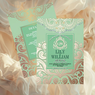 Dusty Sage Green RoseGold Classic Monogram Huwelij Folie Uitnodiging