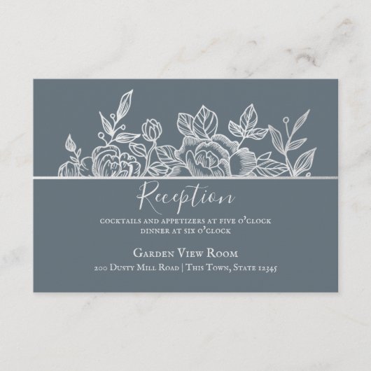 Dusty Slate Blauw Zilveren Bloemen Schets Wedding Informatiekaartje (Voorkant)