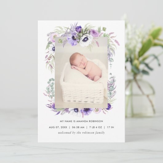 Dusty Violet Faire-part de naissance Carte photo (Debout devant)