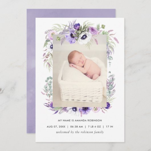 Dusty Violet Faire-part de naissance Carte photo (Devant / Derrière)