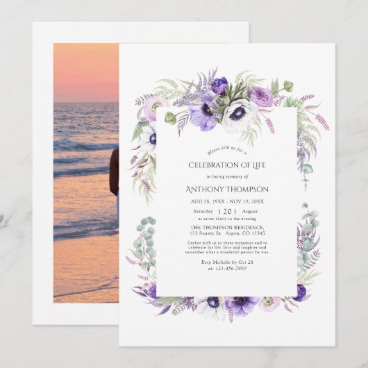 Dusty Violet Floral Celebration of Life Kaart (Voorkant / Achterkant)