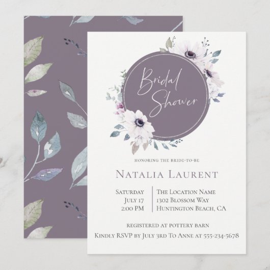 Dusty Violet Floral Frame Bridal Shower Invitation (Devant / Derrière)