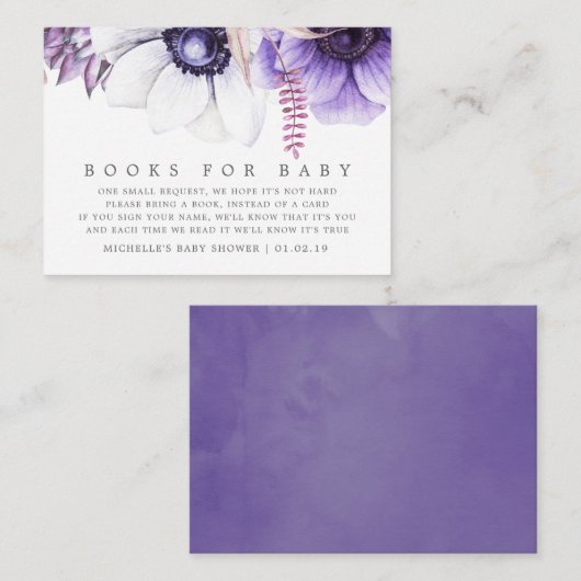 Dusty Violet Waterverf Floral Baby Book Request Informatiekaartje (Voorkant / Achterkant)