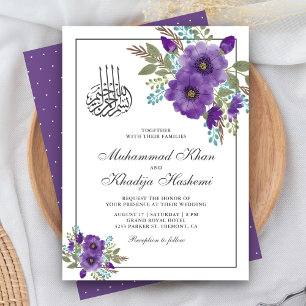 Dusty Violet Waterverf Floral Islamic Wedding Kaart
