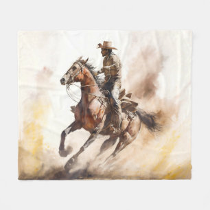 Dusty Western Aquarel Cowboy Riding Mustang Fleece Deken