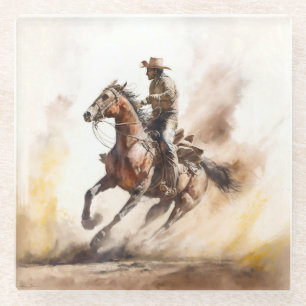 Dusty Western Aquarel Cowboy Riding Mustang Glazen Onderzetter