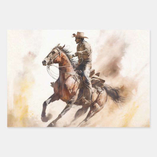 Dusty Western Aquarel Cowboy Riding Mustang Inpakpapier Vel (Voorkant 2)
