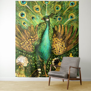 Dutch Art Nouveau Pauw en kippen Wandkleed