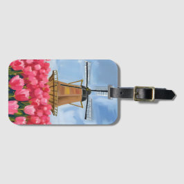 Dutch Windmill Tulip Flower Field Watercolor Bagagelabel