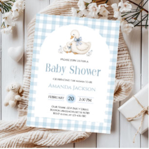 Dwaas Gans Blauw Gingham Eend Baby Shower Kaart