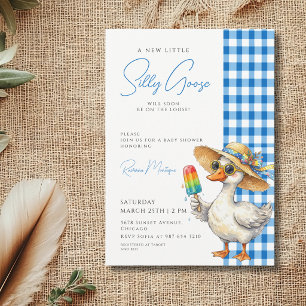 Dwaas Gans Blauw Gingham Hoed Ijs Baby Shower Kaart