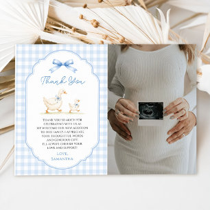 Dwaas Gans Blauwe Gingham Eend Baby Shower Foto Bedankkaart