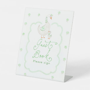 Dwaas Gans Groene Bloemige Baby Shower Gastboek Reclamebord Met Voetstuk