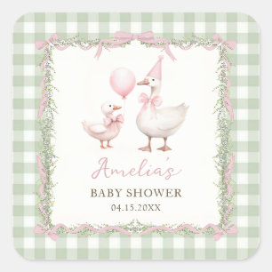 Dwaas Gans Groene Gingham Baby Shower Sticker