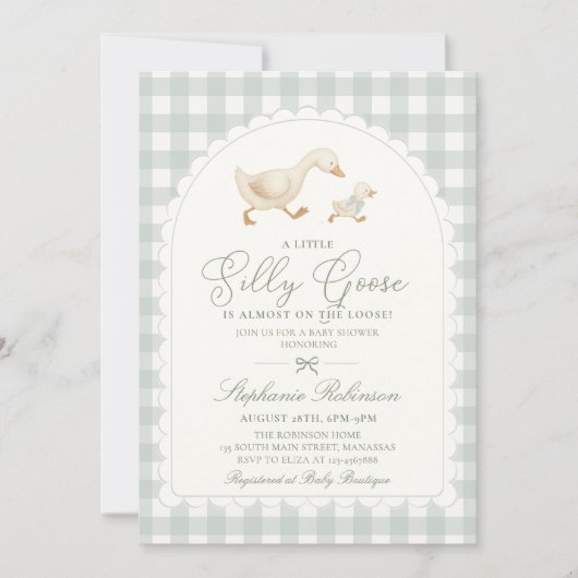 Dwaas Gans Neutraal Salie Groen Gingham Baby Showe Kaart (Voorkant)