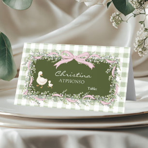 Dwaas Gans Roze Gingham Baby Shower Plaatskaart