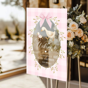 Dwaas Gans Roze Gingham Baby Shower Welkom Acryl Bord