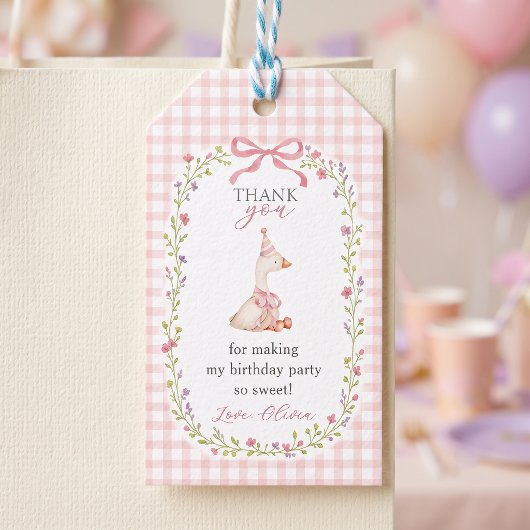 Dwaas Gans Roze Gingham meisje Verjaardag Cadeaubi Cadeaulabel
