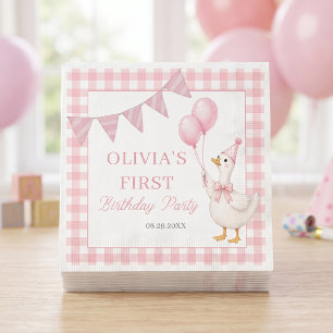 Dwaas Gans Roze Gingham Meisje Verjaardag Servet