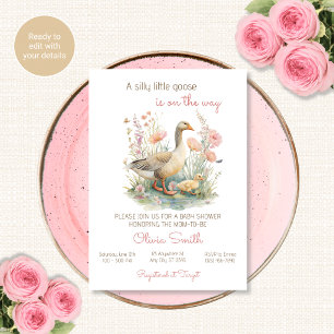 Dwaas Gansje Baby Shower Uitnodiging Roze Bloemen