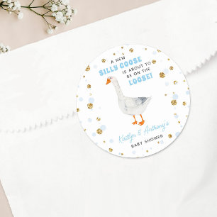 Dwaas Gansje Blauwe Waterverf Jongens Baby Shower Ronde Sticker