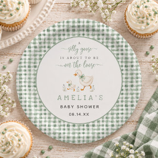 Dwaas Gansje Salie Groen Gingham Baby Shower Papieren Bordje