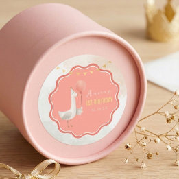 Dwaas Ganzen 1e Verjaardagssticker Koraal Boho Mei Ronde Sticker