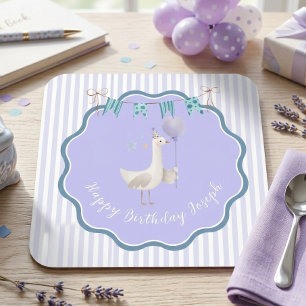 Dwaas Ganzen Eerste Verjaardag Lavendel Jongens Fe Vierkante Kartonnen Onderzetter