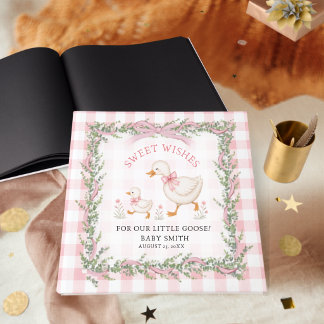 Dwaas Ganzen Roze Gingham Zoete Wensen Baby Shower Gastenboek