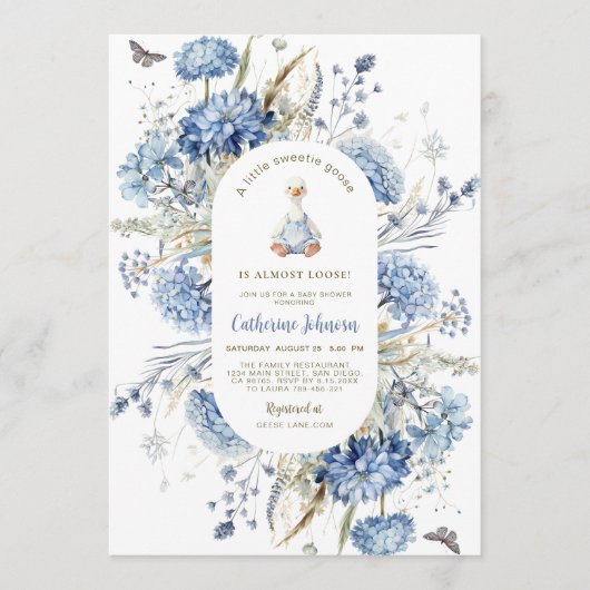 Dwaas Ganzje Blauwe Bloemen QR Code Baby Borrel Kaart (Voorkant)