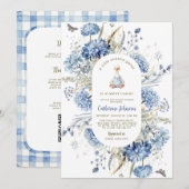 Dwaas Ganzje Blauwe Bloemen QR Code Baby Borrel Kaart (Voorkant / Achterkant)