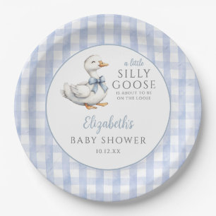 Dwaas Kleine Gans Blauwe Gingham Baby Shower Papieren Bordje