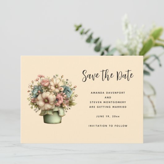 Dwase Bloemen in een Potplantenpot Save The Date (Staand voorkant)