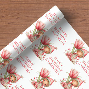 Dwaze Fee Meisje 4e Verjaardag Pastel Roze Cadeaupapier