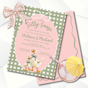 Dwaze Gans Gingham Strik Baby Shower Kaart