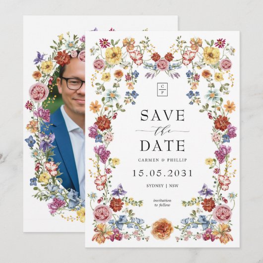 Dwergtuinbouillon kleurrijk bloemmonogram save the date (Voorkant / Achterkant)