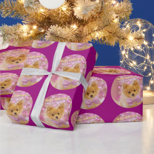 DY Merry kerst & Name, Cute Dog, Red Violet Cadeaupapier