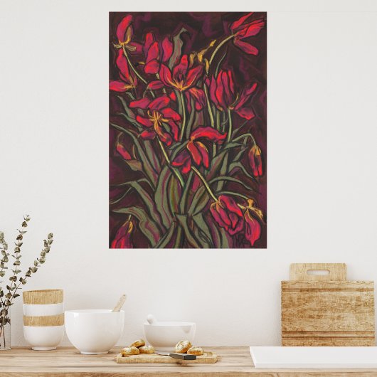 Dying Tulps Red Flowers Statement Floral Painting Poster (Keuken)
