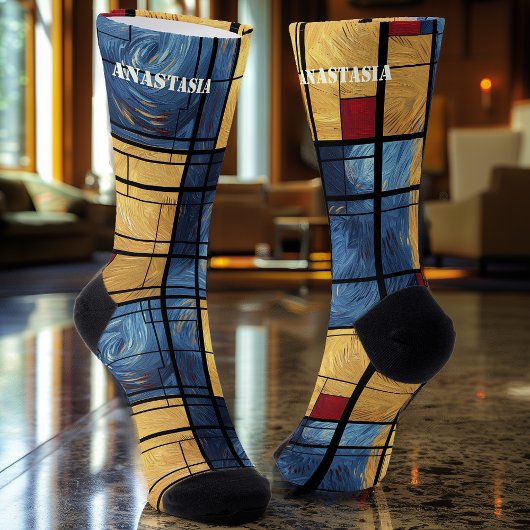 Dynamic Abstract Socks in Blue, Yellow, and Red Sokken