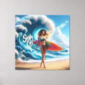 Dynamic Surfer Girl Walking Beach Waves Art Canvas Afdruk (Voorkant)